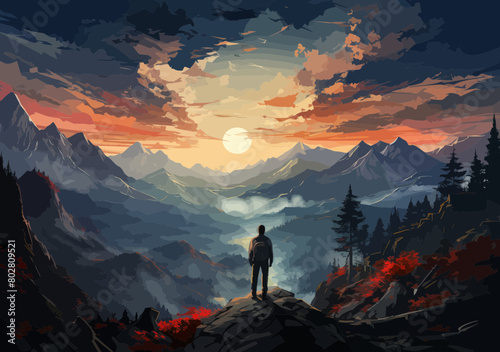 Businessman's Quest: Vision for Success, Career Opportunity, Leadership on Mountain Peak, Telescope Lookout for Future Goals