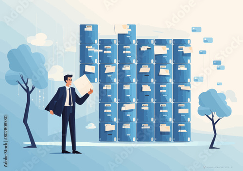 Businessman organizes digital archive folders - document filing, indexing online data concept, minimalistic vector illustration