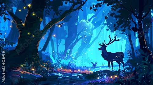 Enchanted Forest Scene with Mystical Creatures and Glowing Fairy Lights in Moonlit Night