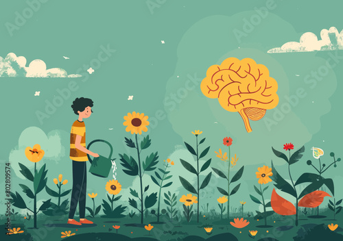 Minimalist Wellbeing Concept: Smiling Man Watering Brain Seedling, Nurturing Positive Emotions, Relaxation for Reduced Anxiety
