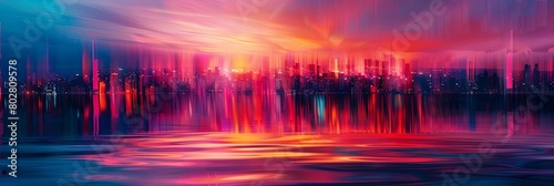 an abstract cityscape featuring a towering skyscraper  a bustling street  and a serene river flowin