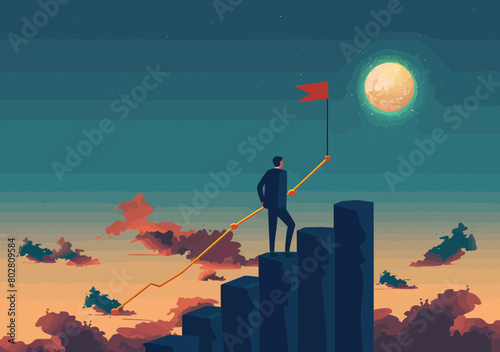 Confident Businessman on Rising Graph Visualizing Success, Career Growth, and Goal Achievement - Motivation, Challenge, Ambition Vector Concept