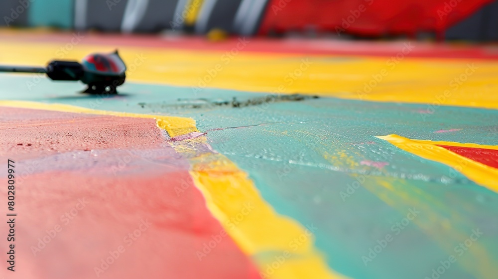 Obraz premium Close-up on painting road markings, detailed spray gun and vibrant paint 