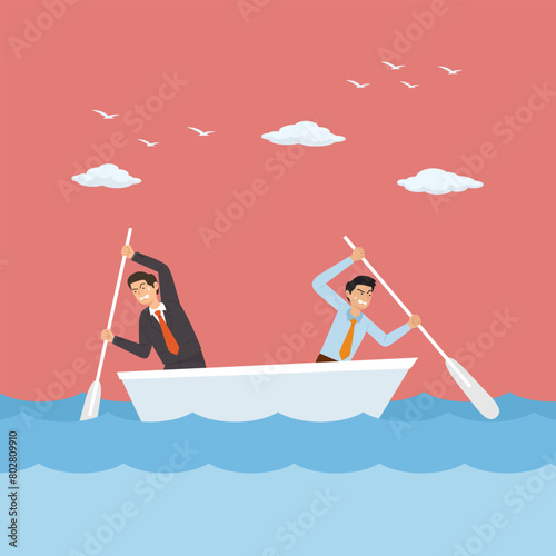  Two business man in boat row in different directions.Fighting Boat Concept. 
Vector, Illustration, Cartoon, EPS10.