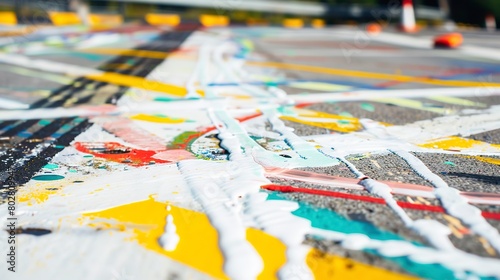 Close-up on painting road markings, detailed spray gun and vibrant paint 