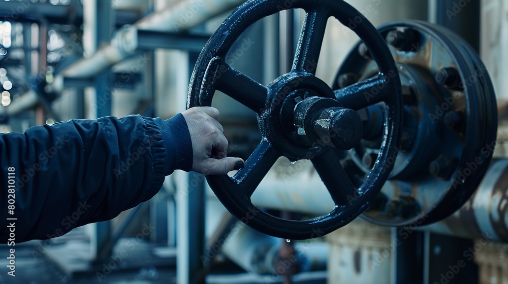 Close-up of a hand turning a large valve at a water control station, detailed mechanics Close-up of a hand turning a large valve at a water control station, detailed mechanics