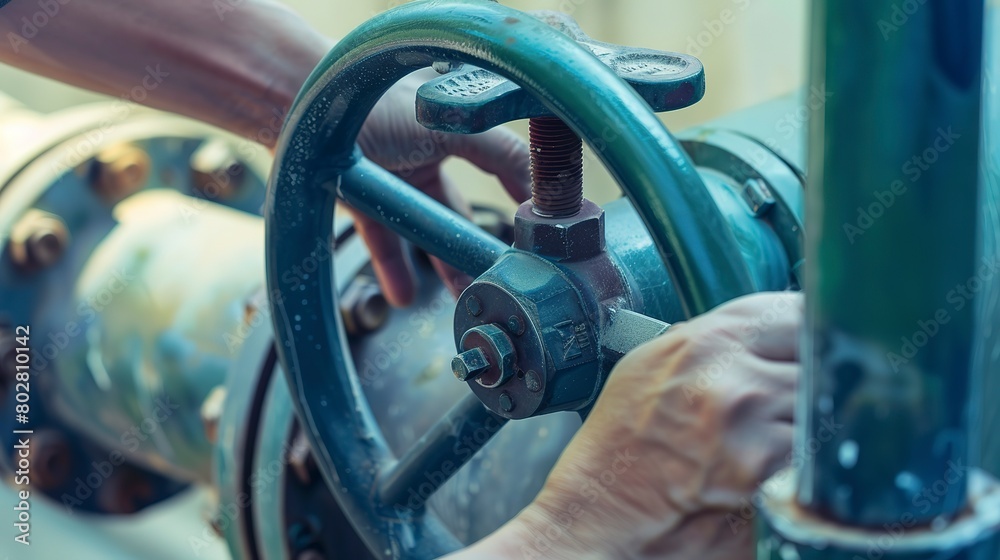 Close-up of a hand turning a large valve at a water control station, detailed mechanics Close-up of a hand turning a large valve at a water control station, detailed mechanics