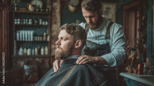 Barber attentively styles a client's beard in a classically decorated barber shop, exuding an old-world charm with vintage decor and meticulous grooming. photo