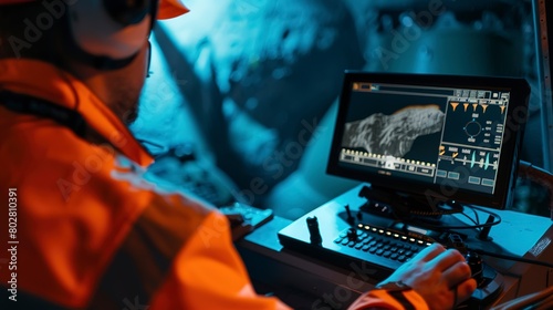 Engineer using sonar equipment for underwater survey, close-up, focused on display  photo