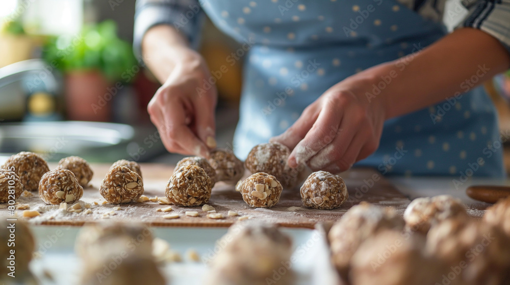 A mother preparing a batch of homemade energy balls for her family's snacks, rolling and shaping the nutritious treats with love and care. Compassion and care, responsibility, resp
