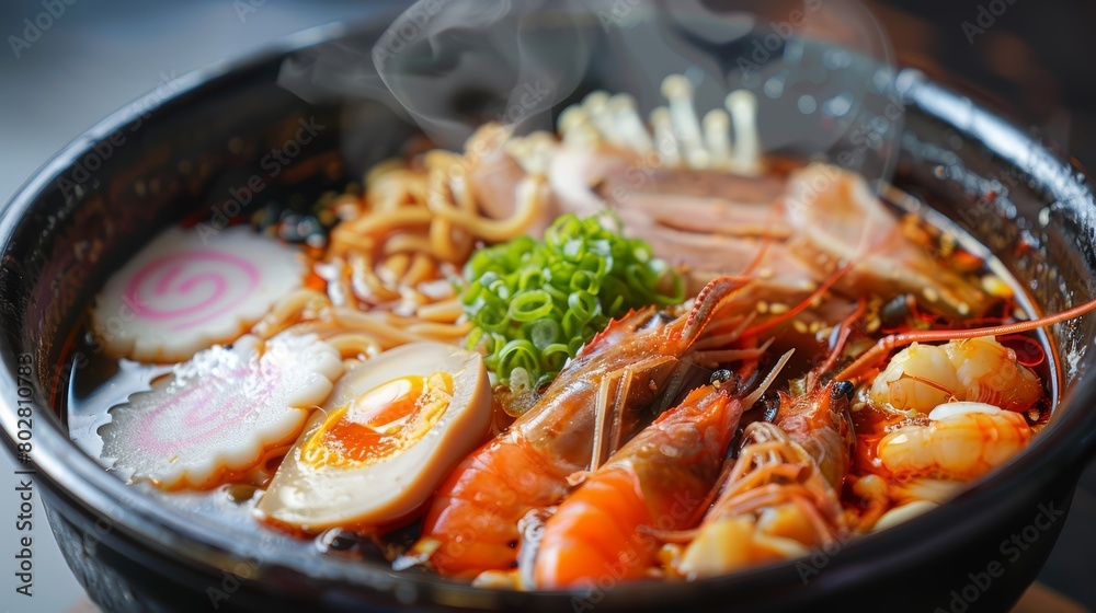 Artistic close-up of a bowl of seafood ramen, highlighting the fresh seafood ingredients in a flavorful broth, presented on an isolated background
