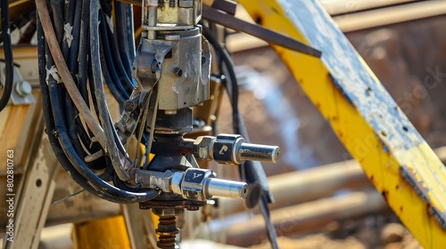 Borehole logging device being lowered, close-up, detailed focus on cable and device 