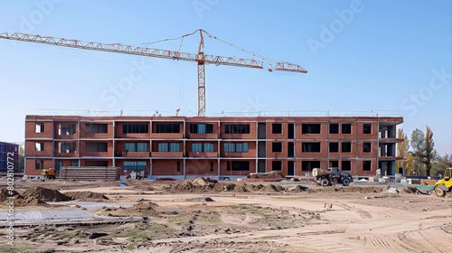 Early morning at a suburban construction site with a prominent crane towering above new apartment buildings, signaling urban expansion and development.