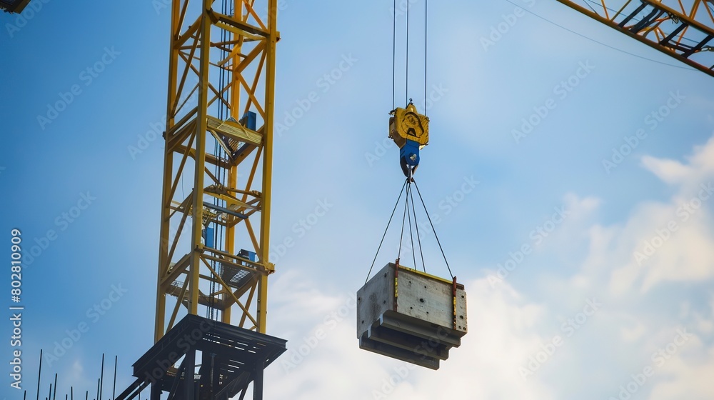Close-up of a crane lifting a structural panel, detailed rigging and safety checks Close-up of a crane lifting a structural panel, detailed rigging and safety checks