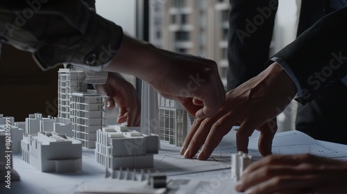 Architect and structural engineer discussing over a building model  close-up  focused on blueprint 