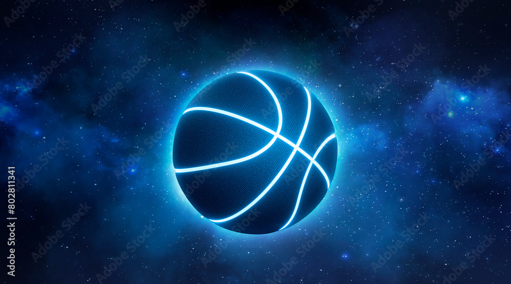 black basketball with bright blue glowing neon lines in the Planet view from space