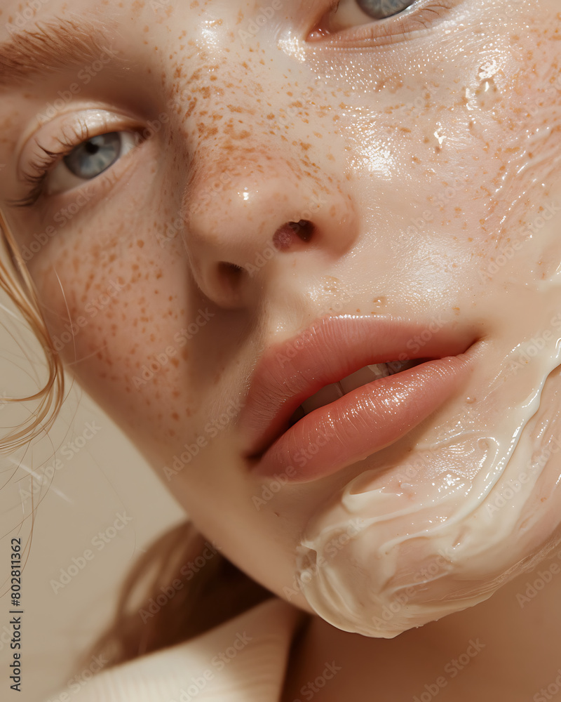 A closeup photograph of a model wearing skin care cream A closeup photograph of a model wearing skin care cream