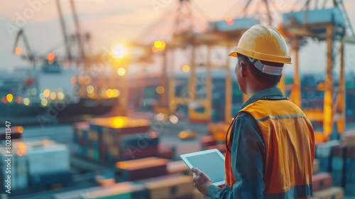 An inspiring stock photo of an engineer holding a digital tablet and supervising a dock worker in the foreground, with blurred stacks of containers and cranes in the background.