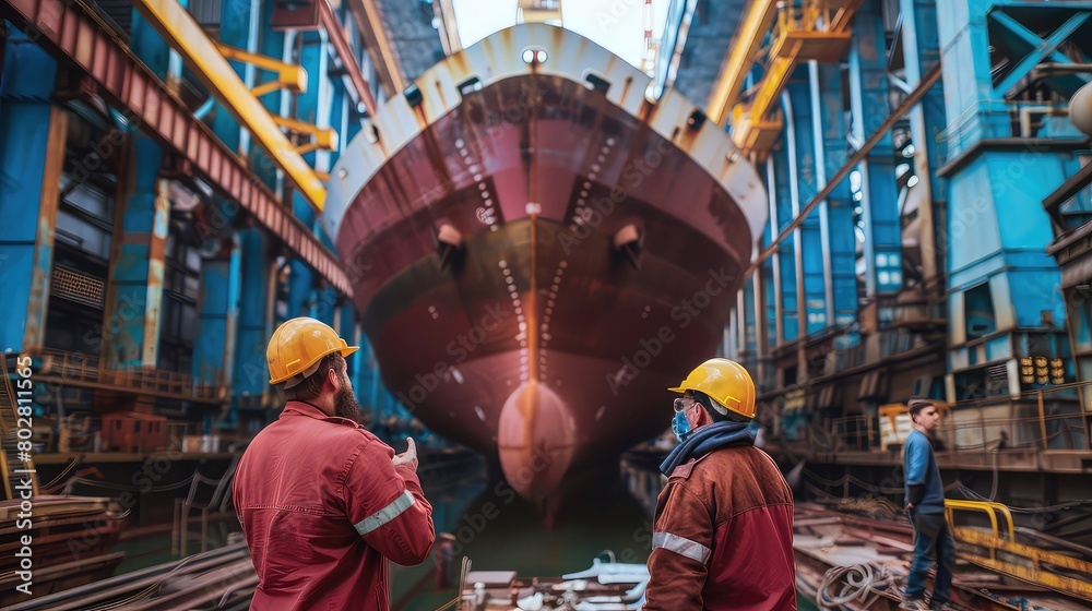 Obraz premium An inspiring stock photo of workers gathered for a team meeting in the shipyard, discussing progress and planning for upcoming projects, fostering a culture of collaboration and communication.