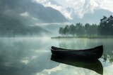 A serene lakeside view with a canoe and misty mountains.