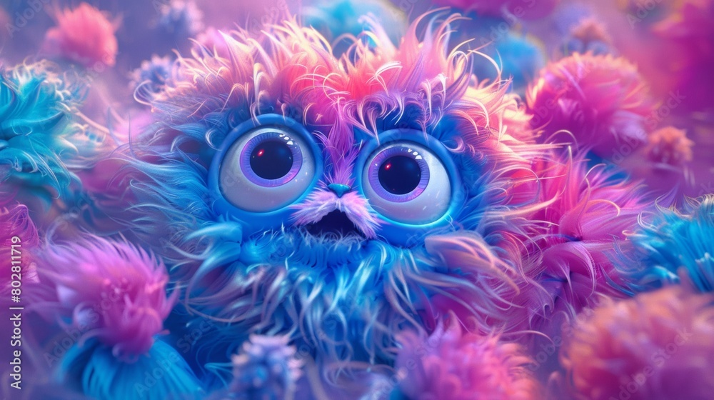 Cute crazy fur monster big eyes background, style 3D, purple, pink, blue