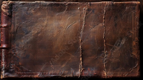 an old book with a brown leather cover and a pen on the left side, a pencil on the right side, and photo