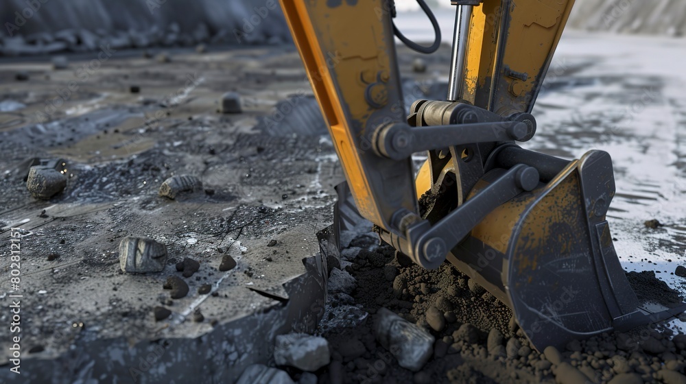Hydraulic breaker attachment on an excavator, close-up, detailed crushing action on concrete 