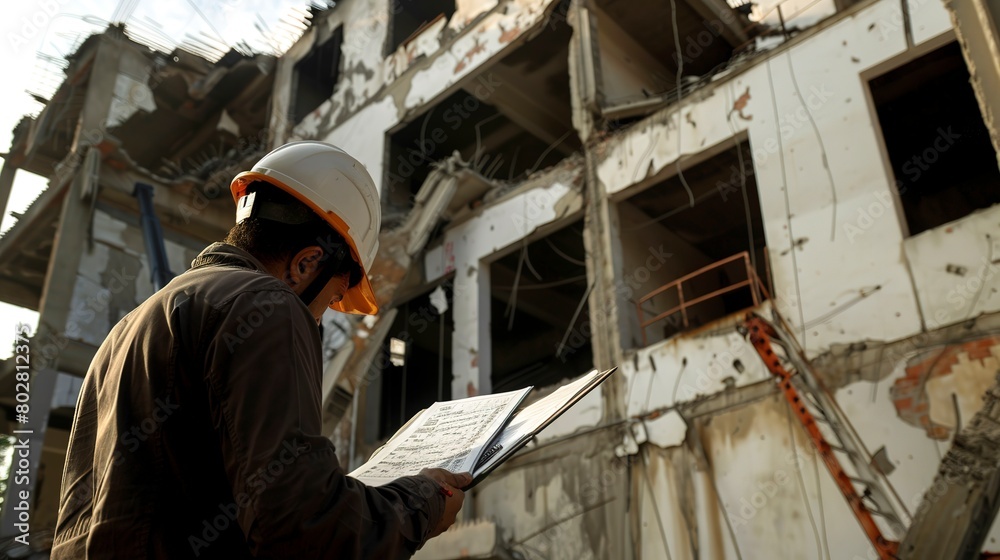 Safety inspector checking structures before demolition, close-up, detailed checklist and helmet 
