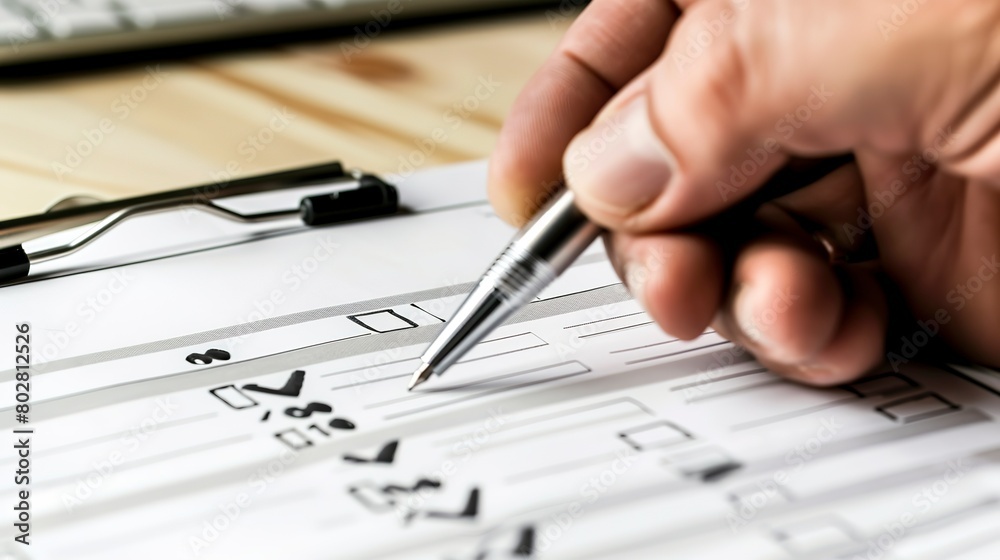 Inspection report being filled out on site, close-up, detailed checklist and pen Inspection report being filled out on site, close-up, detailed checklist and pen