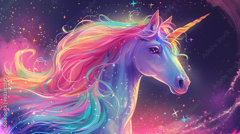 Magical Unicorn with Vibrant Rainbow Mane and Shimmering Celestial Backdrop