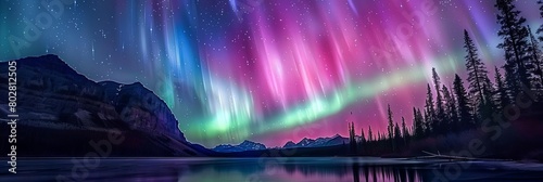 a stunning aurora illuminates the night sky above a mountainous landscape, with a tall tree standin photo