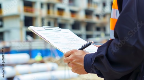 Inspection report being filled out on site, close-up, detailed checklist and pen 