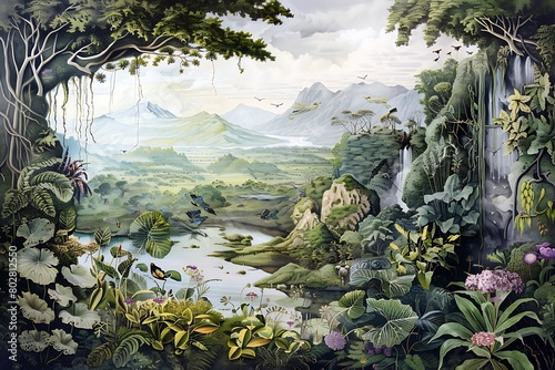 A serene landscape with labeled flora and fauna, like a page from a nature encyclopedia.
