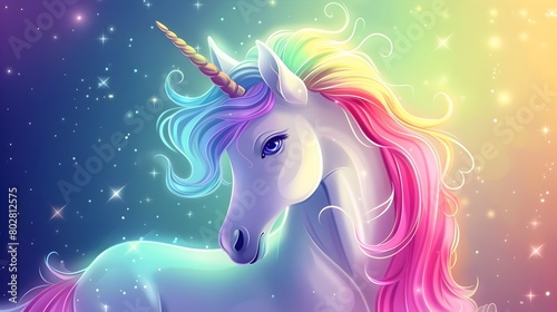 Magical Unicorn with Iridescent Rainbow Mane and Sparkling Celestial Backdrop