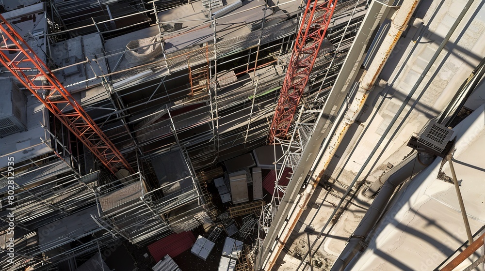 Top view of a commercial district under renovation, close-up, detailed scaffolding and covers 