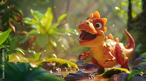 Playful and Colorful Dinosaur Mascot in Vibrant Jungle Scene Whimsical and Imaginative Cartoon © CYBERUSS