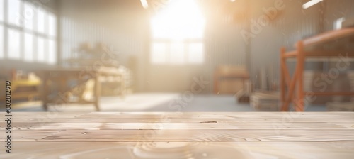 Wooden work table and blurred background with carpentry workshop.