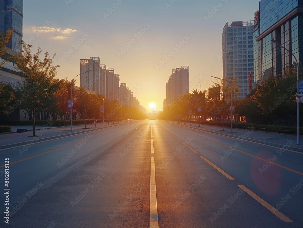 Empty city street at sunrise with glowing sun and modern buildings.