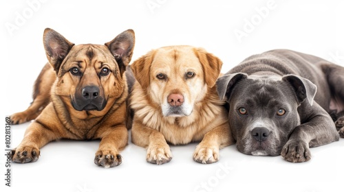 Variety of cats and dogs in studio portrait on white background with spacious copy area