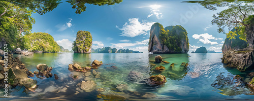 panoramic view of phuket island, thailand with clear blue water and tropical greenery with the iconic James Bond islands in background, wide angle shot, hyper realistic photography