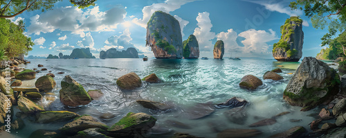 panoramic view of phuket island, thailand with clear blue water and tropical greenery with the iconic James Bond islands in background, wide angle shot, hyper realistic photography photo