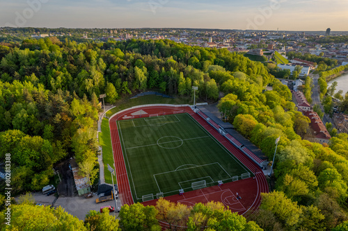 Aerial spring panoramic view of football soccer stadium in Vilnius, Lithuania