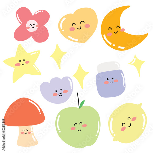 set of moon planet doodles isolated on white background