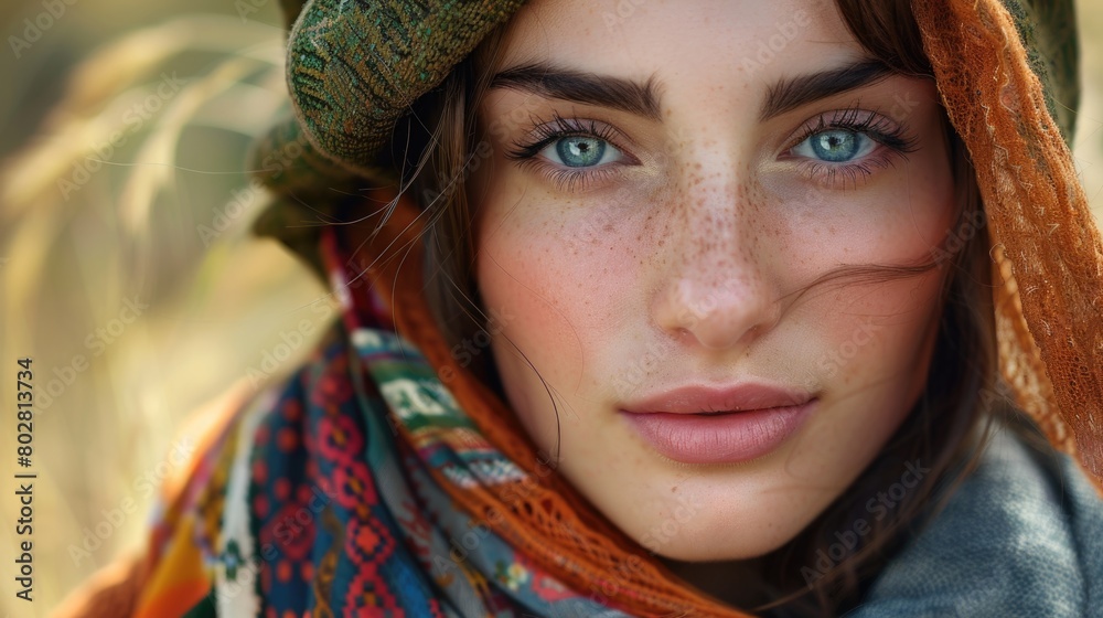 A close-up of a person wearing a scarf and hat. Suitable for winter fashion concepts A close-up of a person wearing a scarf and hat. Suitable for winter fashion concepts