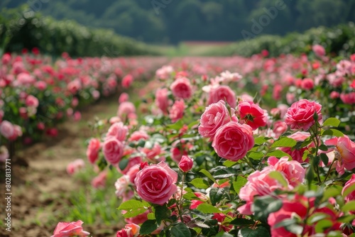 Bask in the sweet scent of a field of roses in full bloom  where rows of fragrant blooms stretch as far as the eye can see  creating a paradise   Generative AI