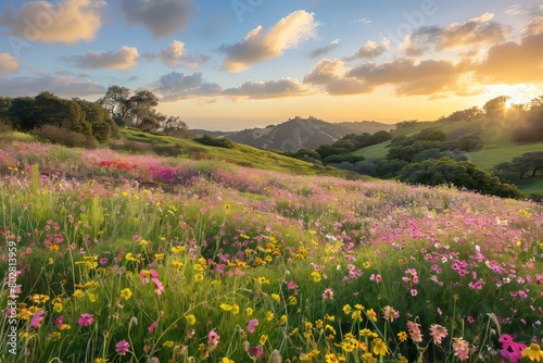 Bask in the vibrant colors of a sun-kissed flower field  where a sea of blossoms stretches to the horizon  painting the landscape in hues  Generative AI