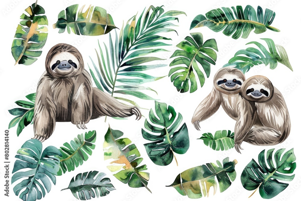 Fototapeta premium A sloth and a baby sloth sitting among lush tropical leaves. Ideal for nature and wildlife themes