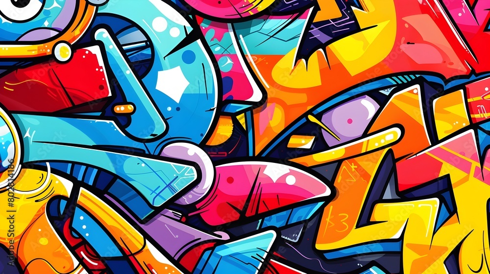 Vibrant Abstract Graffiti Mural with Dynamic Geometric Shapes and Colorful Street Art Style
