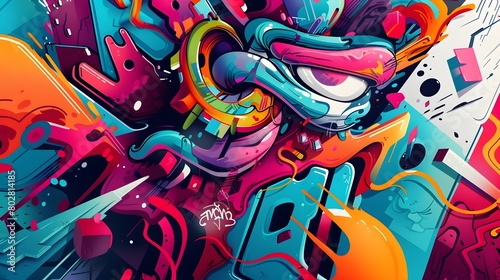 Vibrant Abstract Graffiti Inspired Mural with Bold Colors and Dynamic Shapes