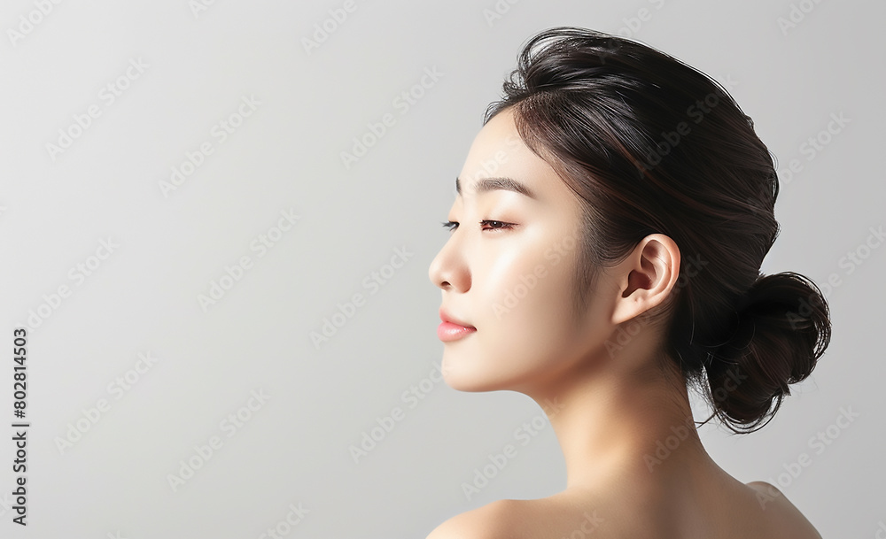 Photo of beautiful korean woman with clean fresh skin on white background, back view, beauty concept, side profile portrait, high resolution photography, high detail, hyper realistic Photo of beautiful korean woman with clean fresh skin on white background, back view, beauty concept, side profile portrait, high resolution photography, high detail, hyper realistic